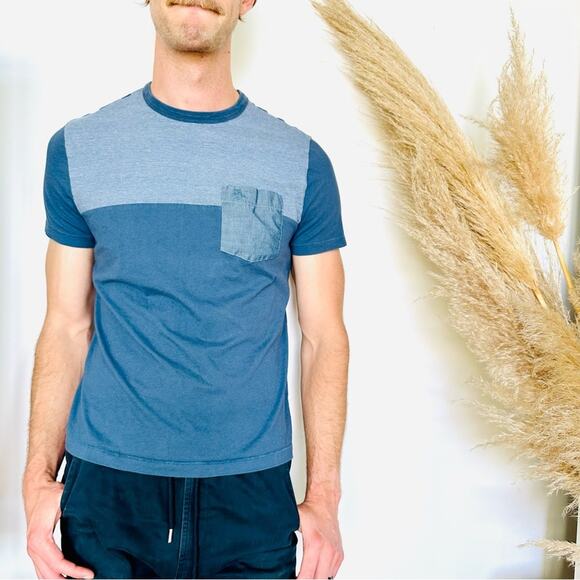 ORIGINAL PENGUIN Light Dark Blue Denim Pocket Stripe Short Sleeve Tee Shirt M - Picture 1 of 8